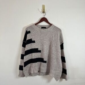 SBetro Womens Loose Knit Crewneck Sweater Geometric Pattern Beige Black Medium